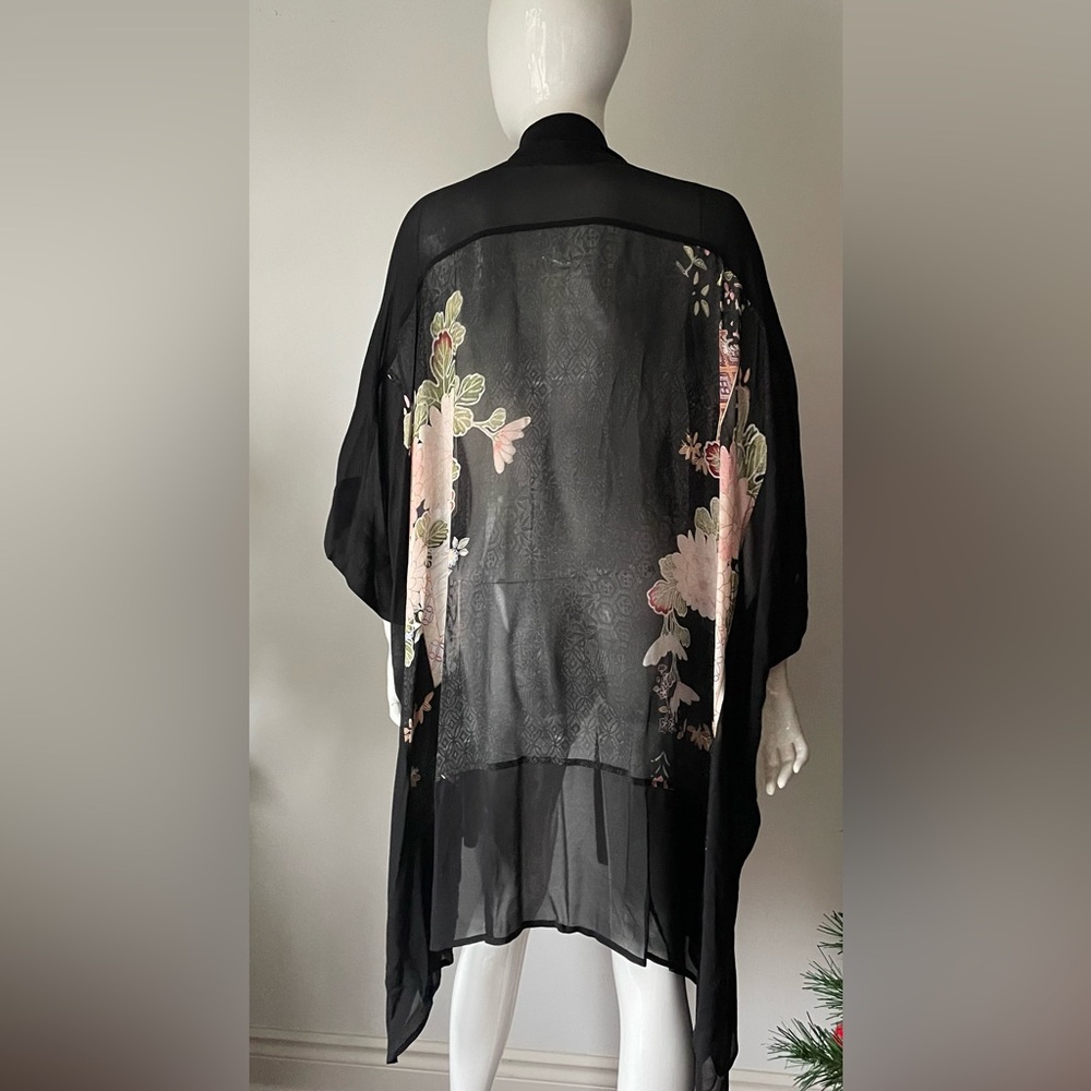 silk Floral Black Kimono Cardigan - Picture 3 of 7